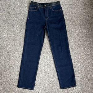 Express‎ High Rise Straight Ankle Dark Wash Leather Trim Jeans, Size 4L